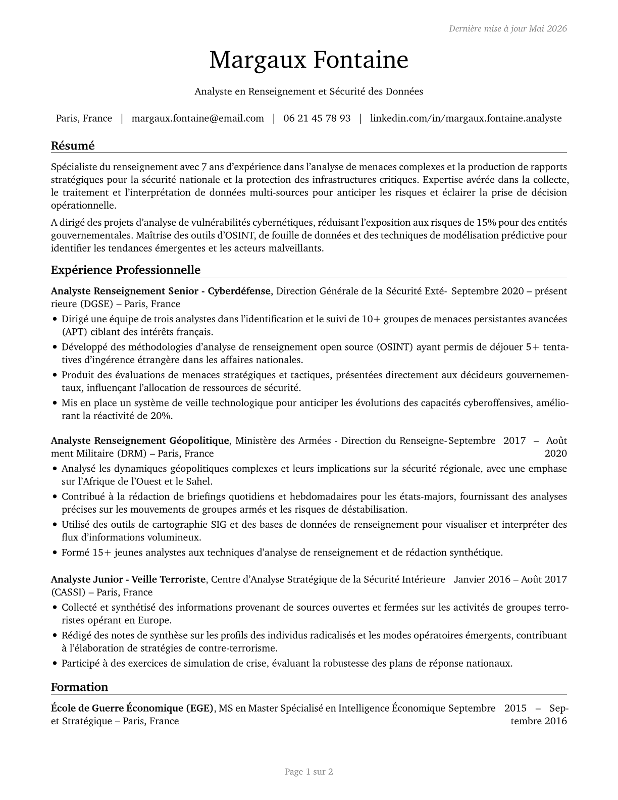 Intelligence Analysts CV in French — page 1