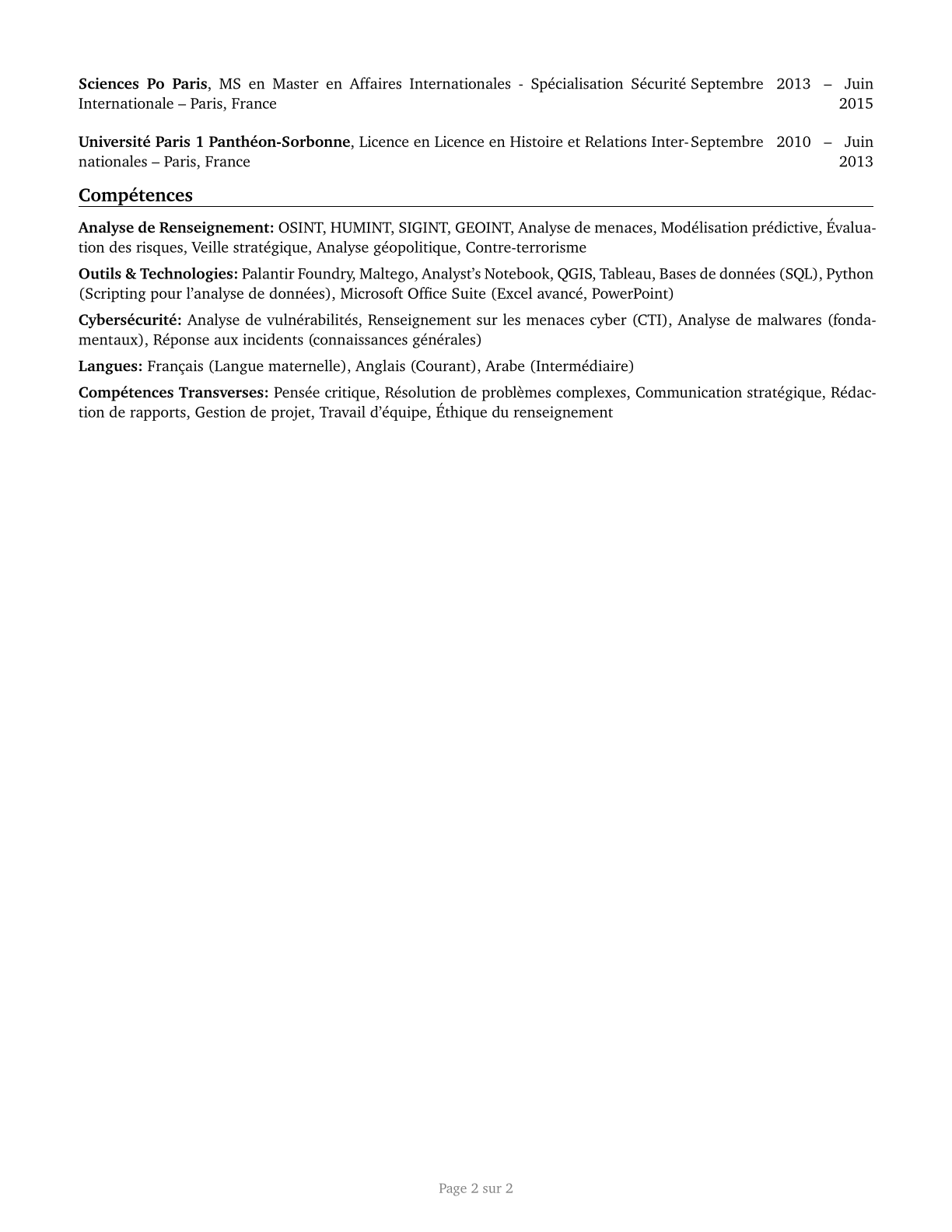 Intelligence Analysts CV in French — page 2