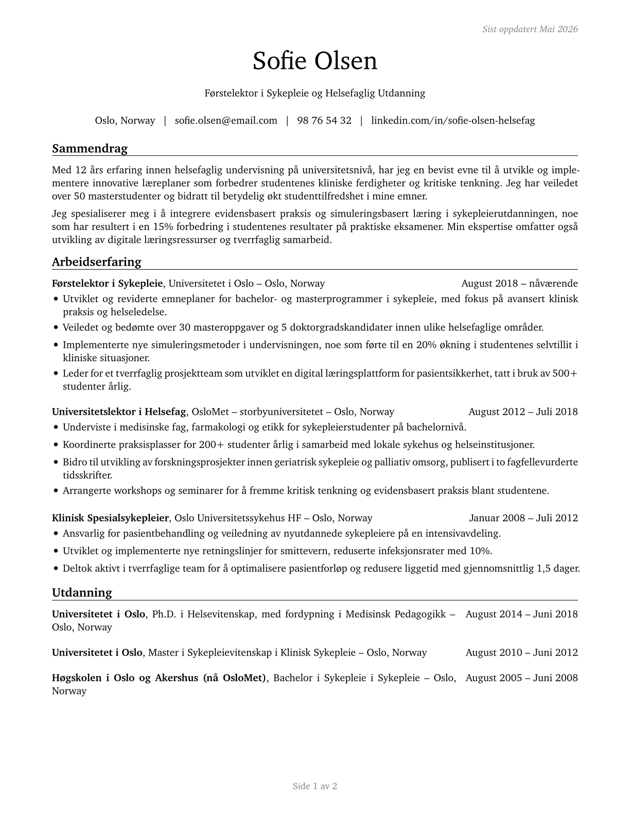 Health Specialties Teachers, Postsecondary CV in Norwegian_bokmal — page 1