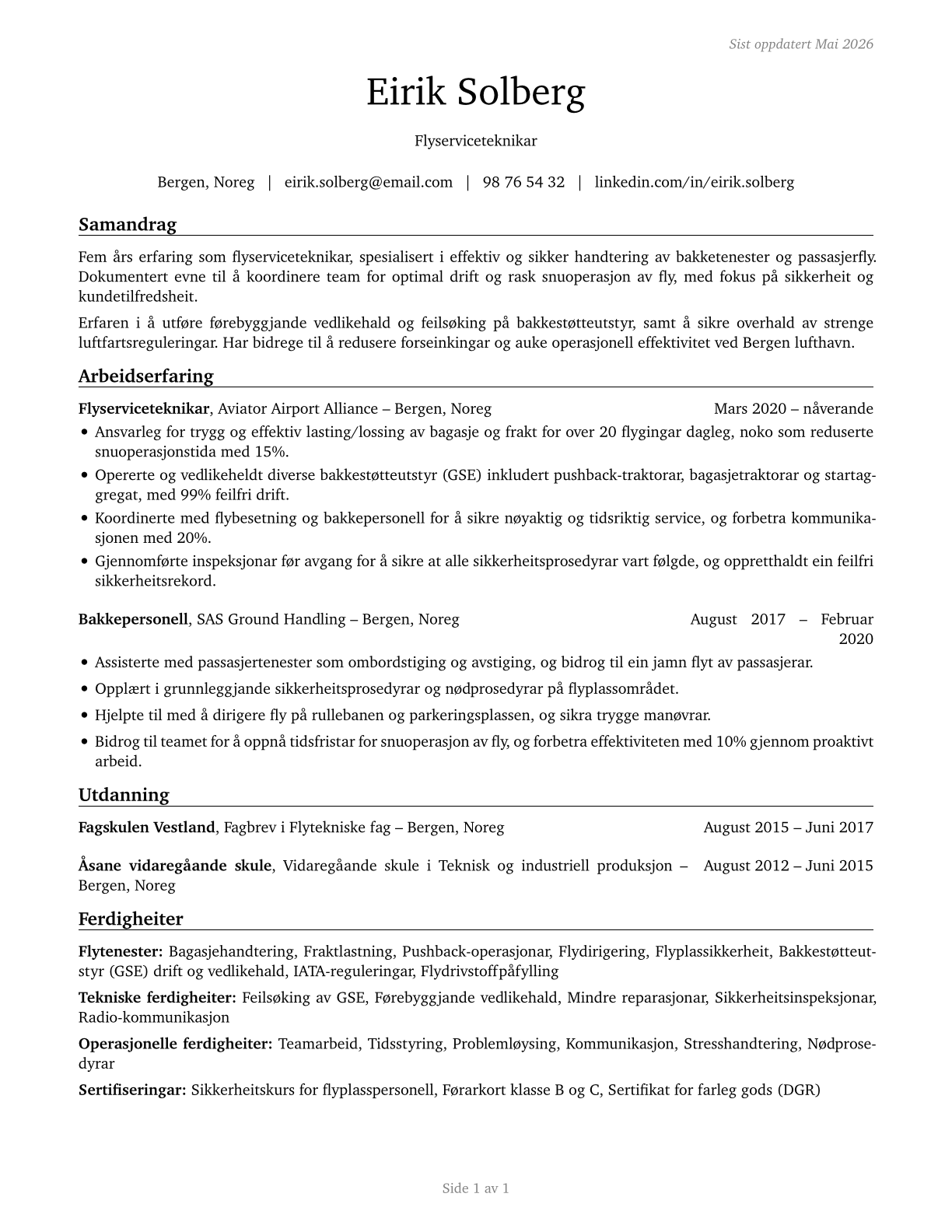 Aircraft Service Attendants CV in Norwegian_nynorsk — page 1