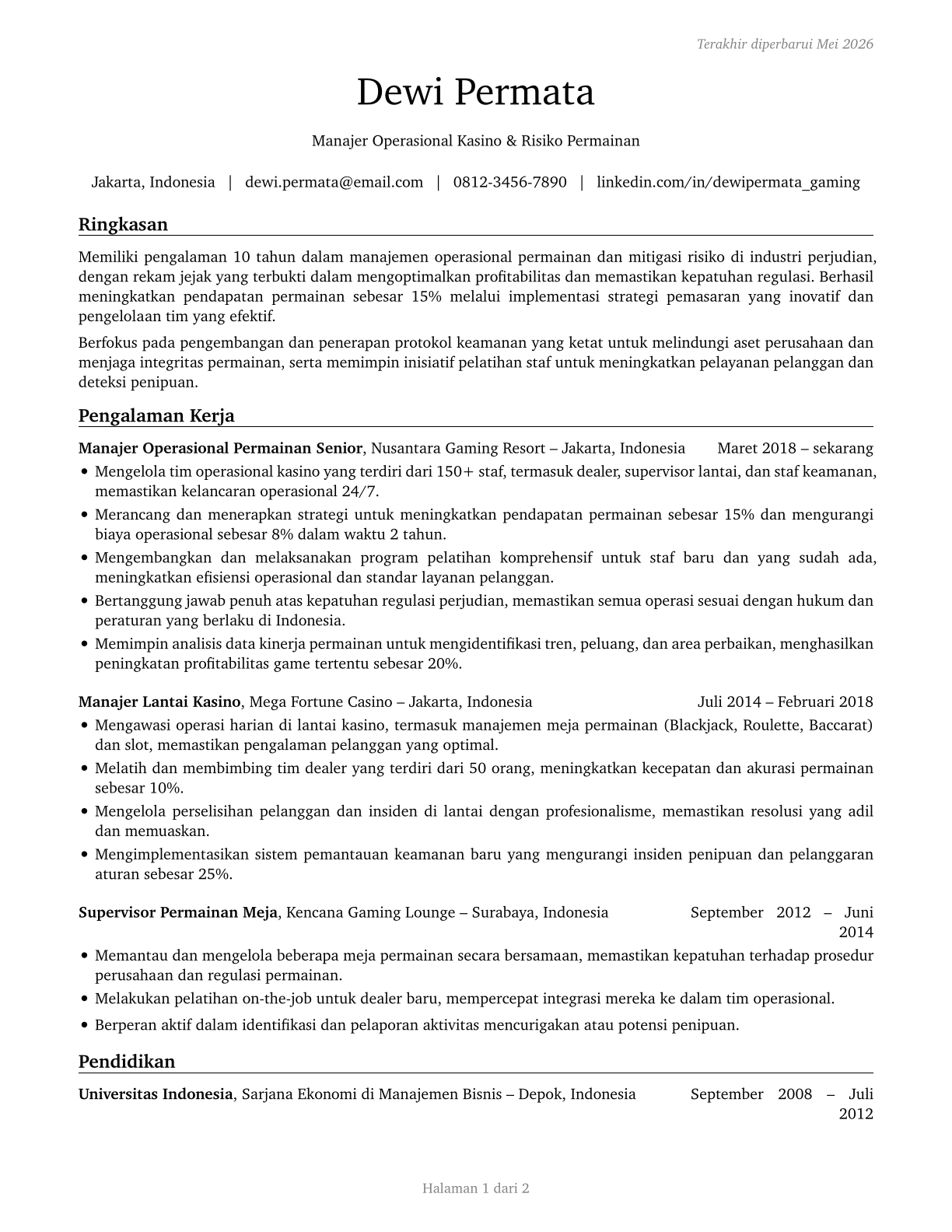 Gambling Managers CV in Indonesian — page 1