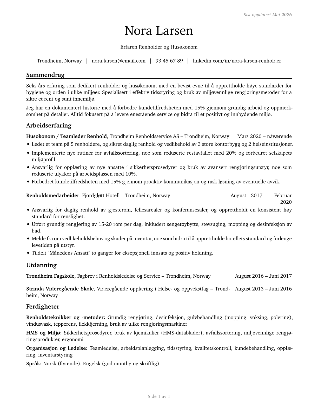 Maids and Housekeeping Cleaners CV in Norwegian_bokmal — page 1