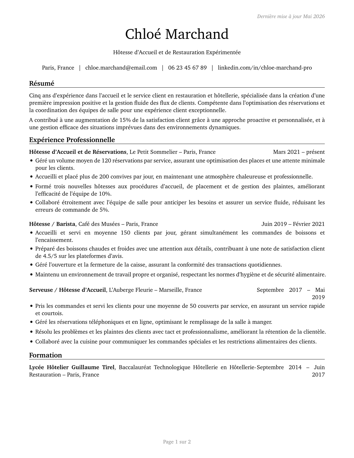 Hosts and Hostesses, Restaurant, Lounge, and Coffee Shop CV in French — page 1