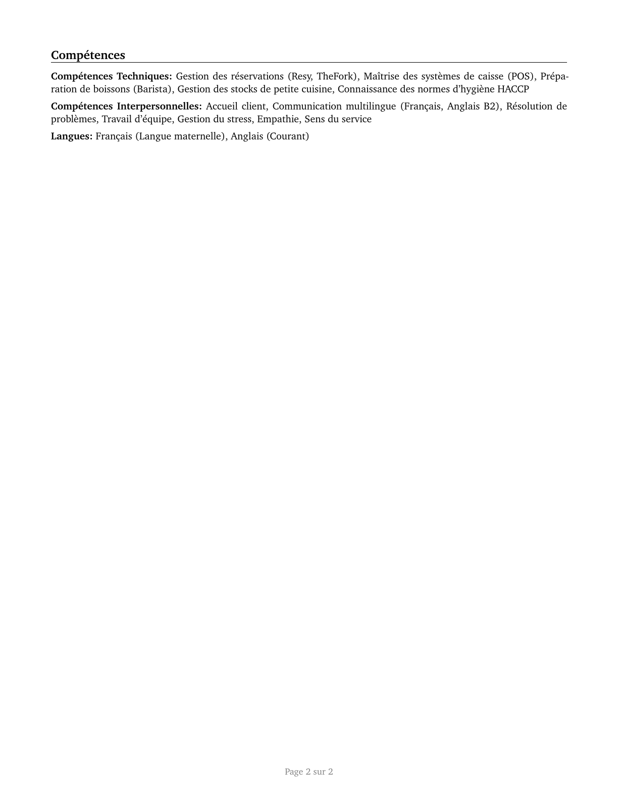 Hosts and Hostesses, Restaurant, Lounge, and Coffee Shop CV in French — page 2