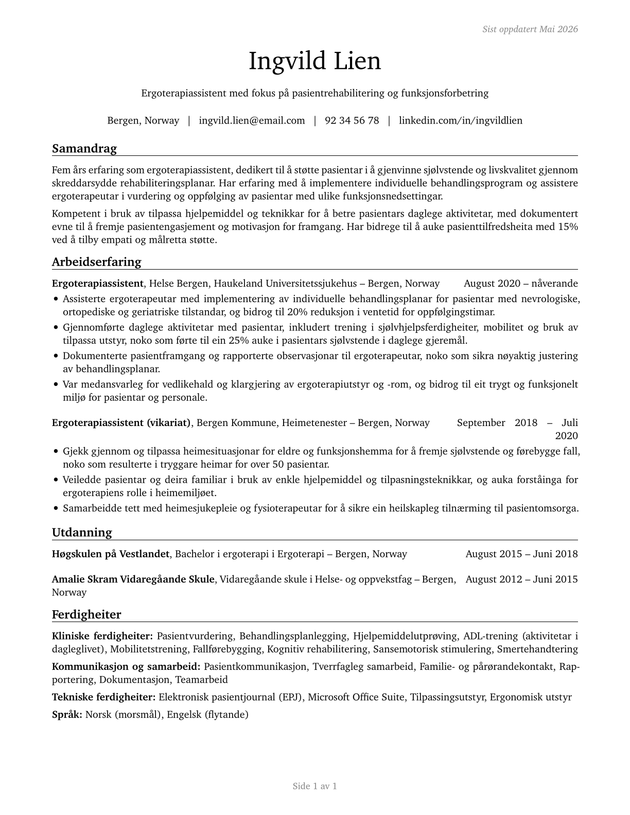 Occupational Therapy Aides CV in Norwegian_nynorsk — page 1