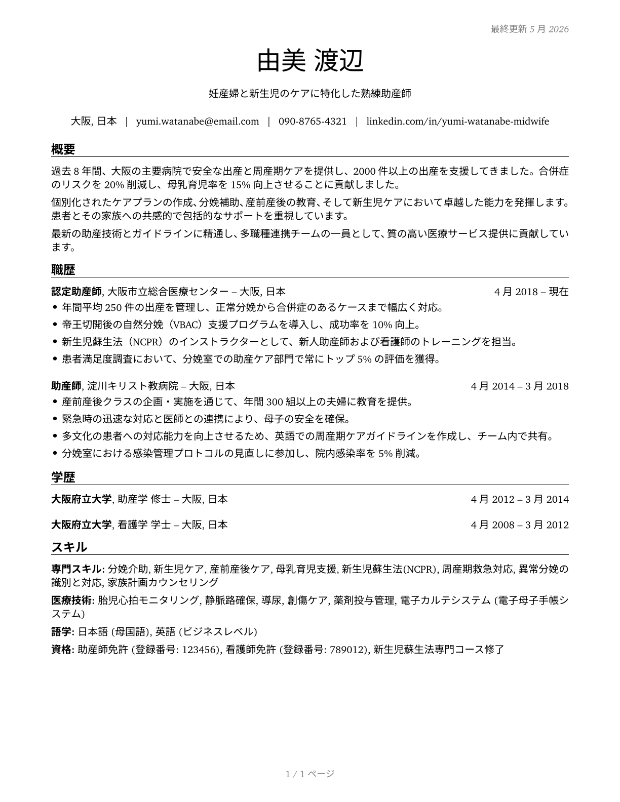 Nurse Midwives CV in Japanese — page 1
