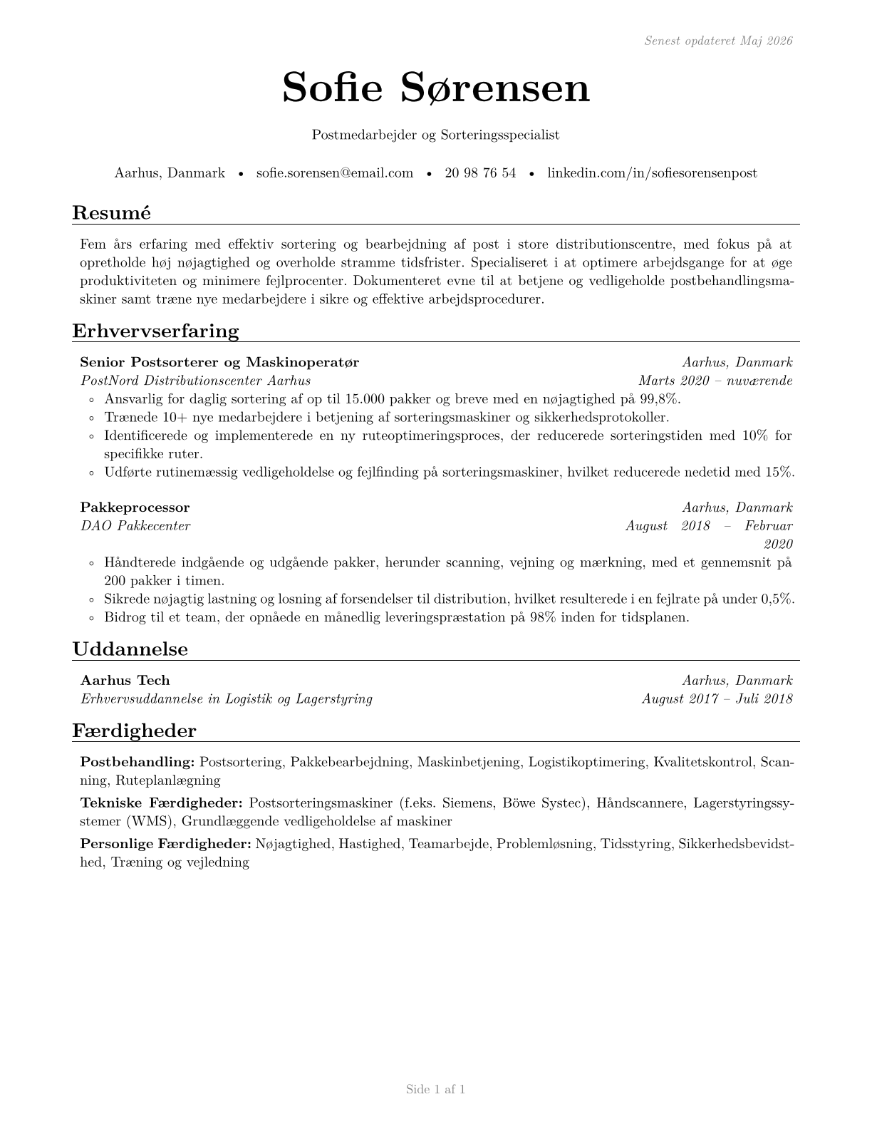 Postal Service Mail Sorters, Processors, and Processing Machine Operators CV in Danish — page 1