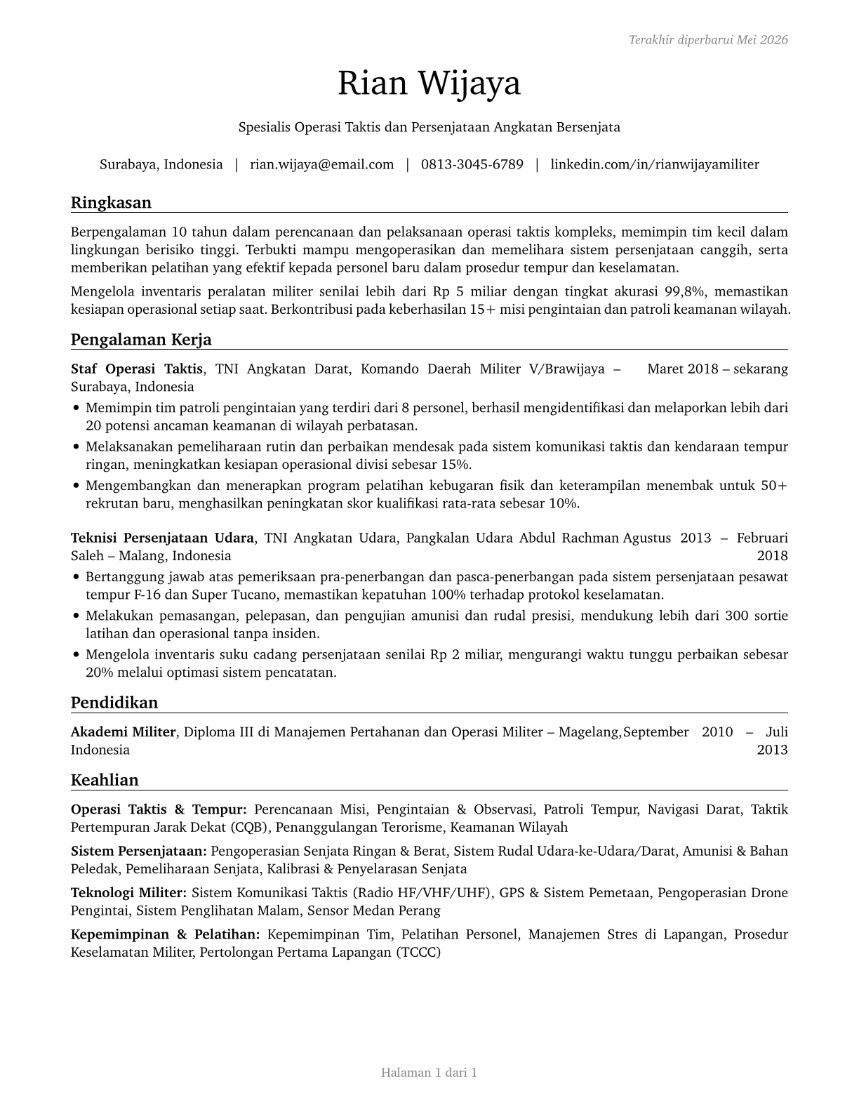 Military Enlisted Tactical Operations and Air/Weapons Specialists and Crew Members, All Other CV in Indonesian — page 1