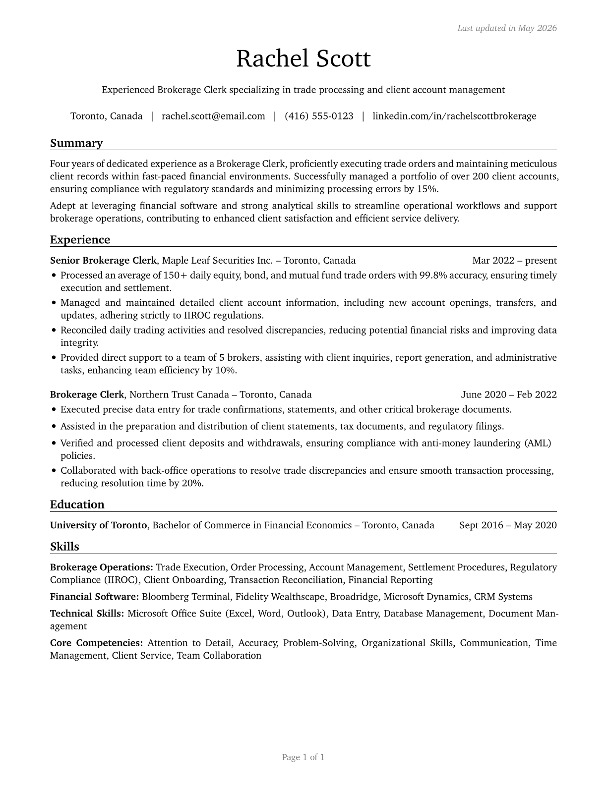 Brokerage Clerks CV in English — page 1