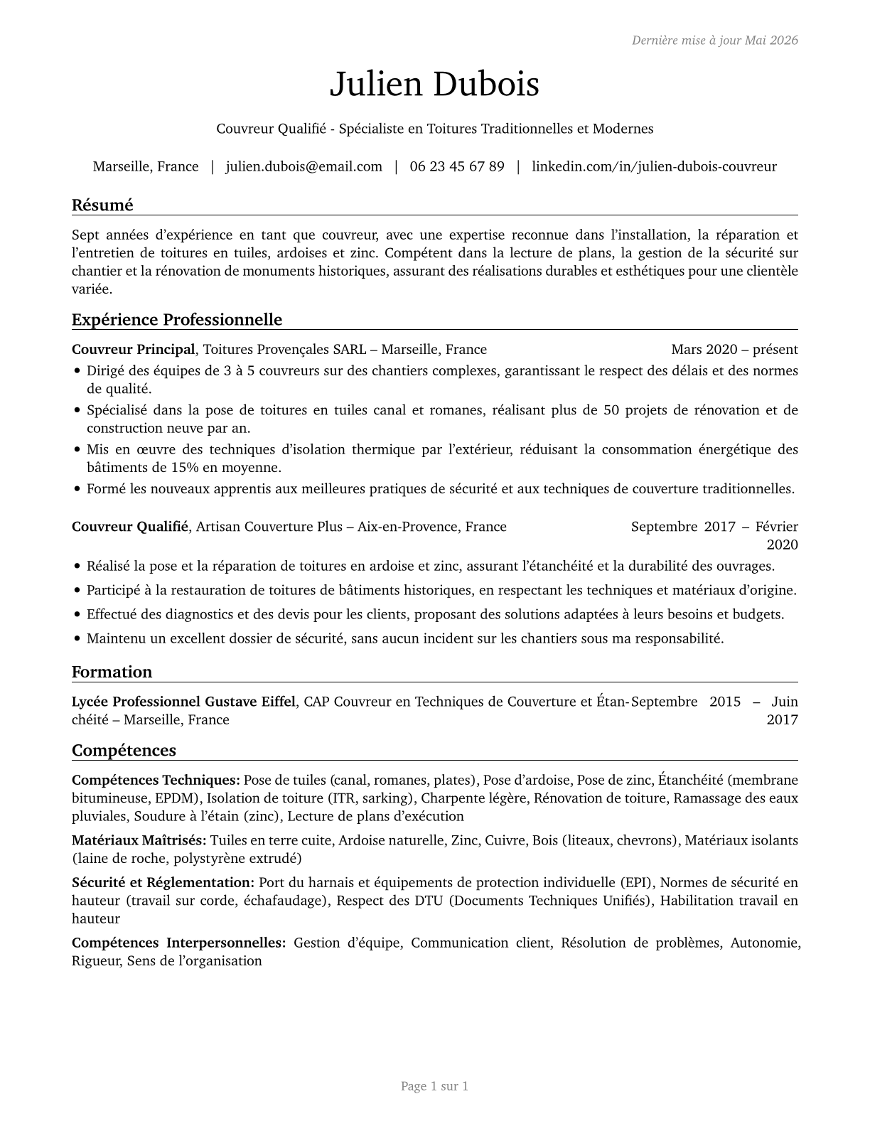 Roofers CV in French — page 1
