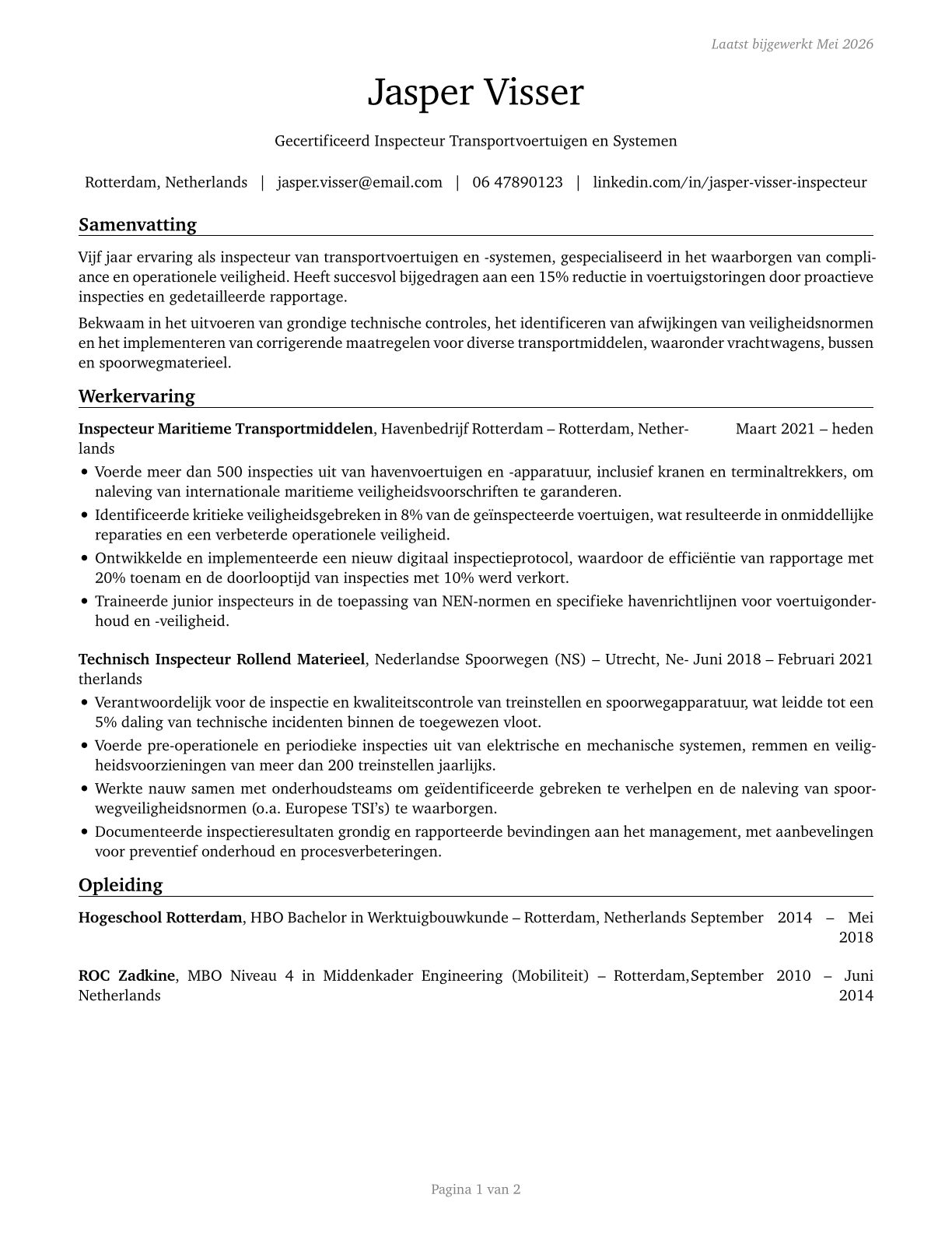 Transportation Vehicle, Equipment and Systems Inspectors, Except Aviation CV in Dutch — page 1