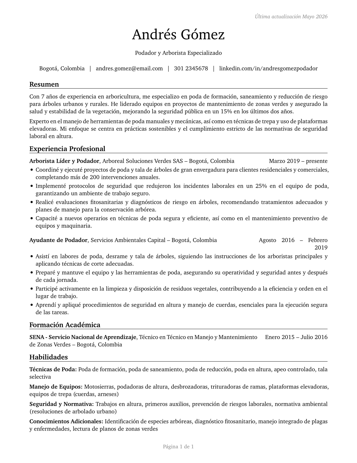 Tree Trimmers and Pruners CV in Spanish — page 1