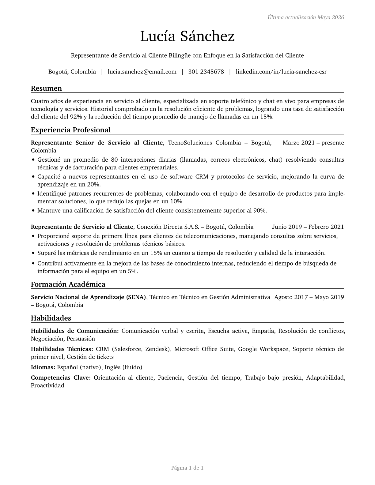 Customer Service Representatives CV in Spanish — page 1
