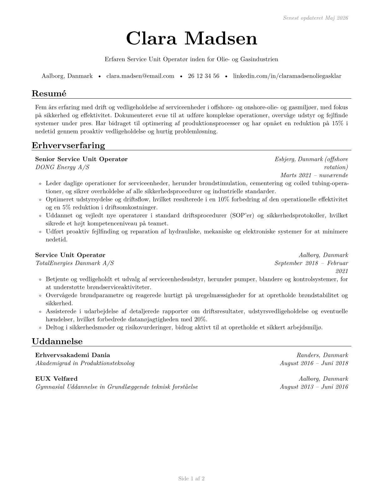 Service Unit Operators, Oil and Gas CV in Danish — page 1