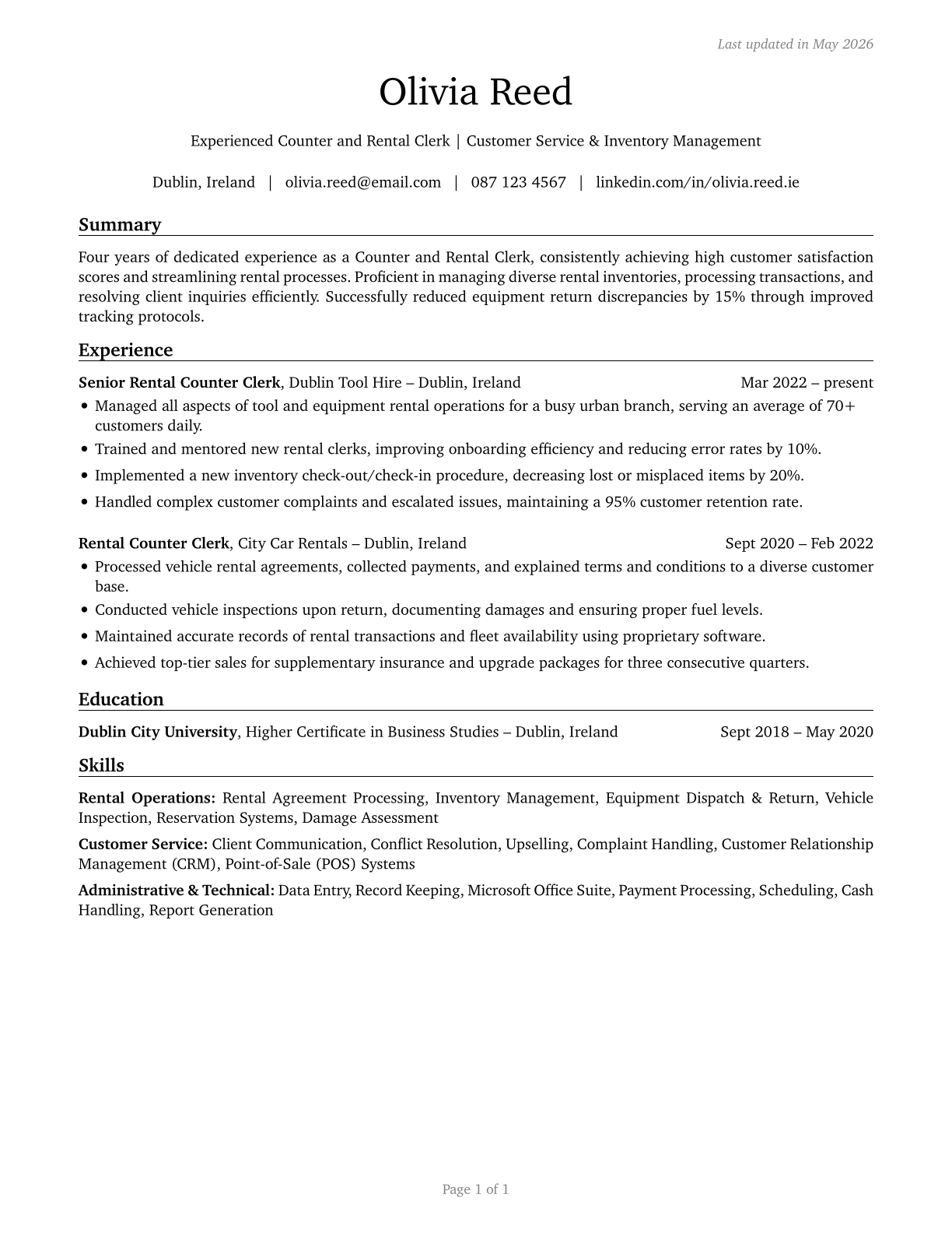 Counter and Rental Clerks CV in English — page 1