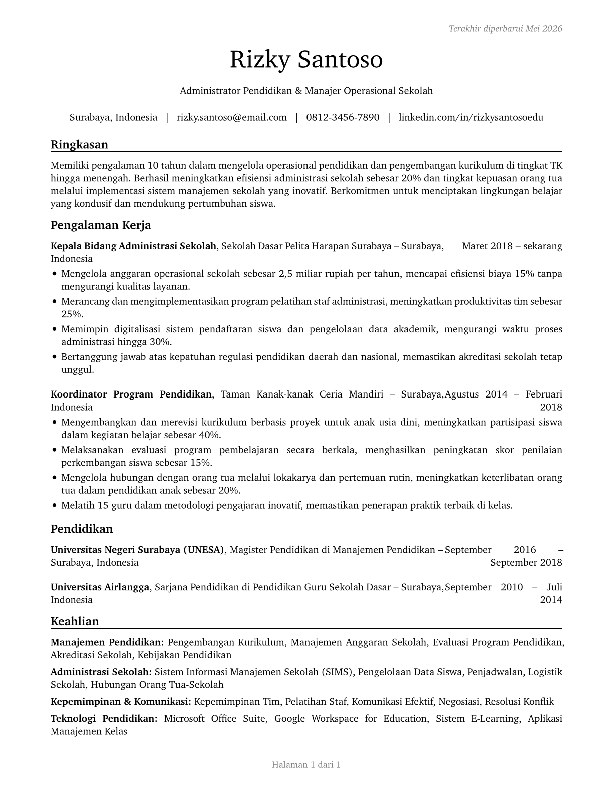 Education Administrators, Kindergarten through Secondary CV in Indonesian — page 1