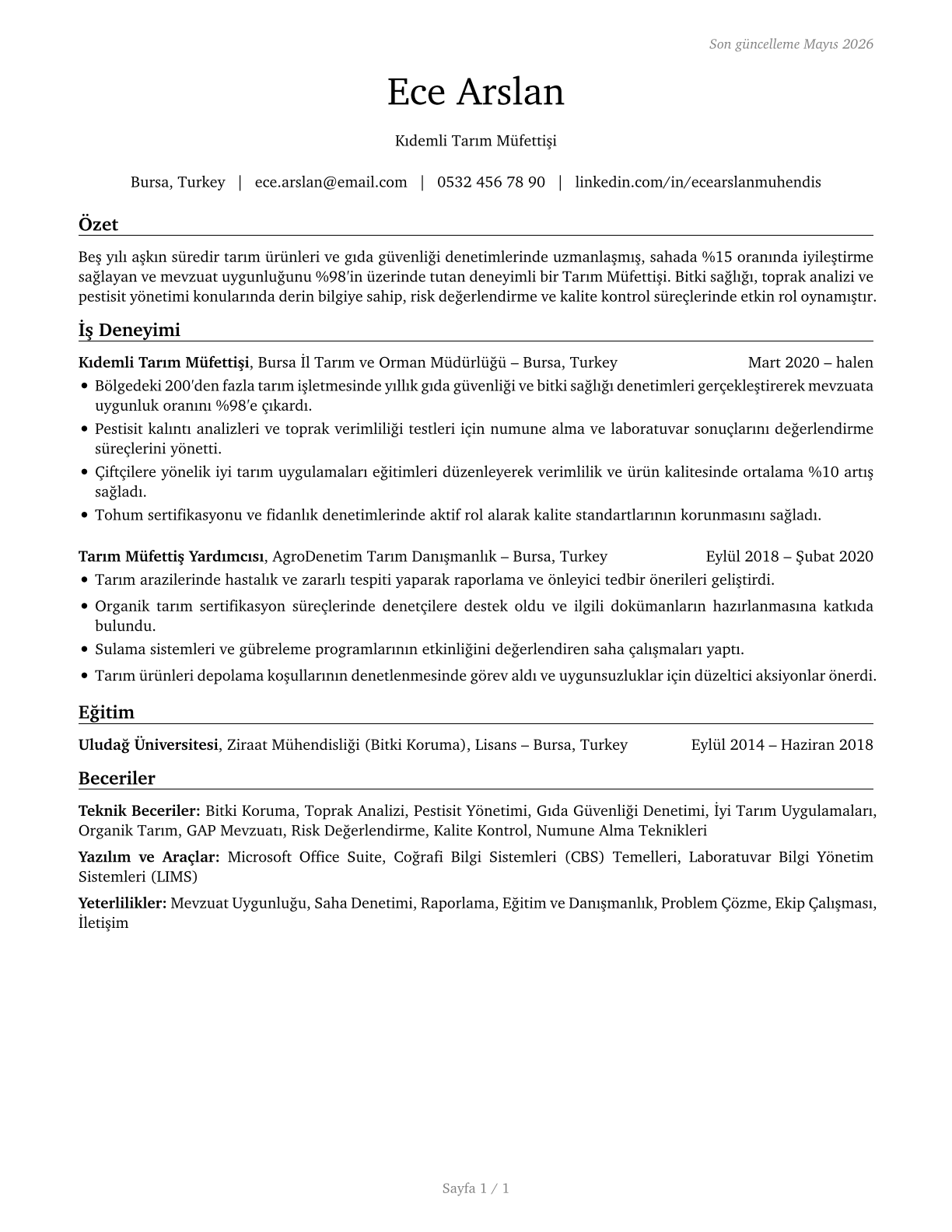 Agricultural Inspectors CV in Turkish — page 1