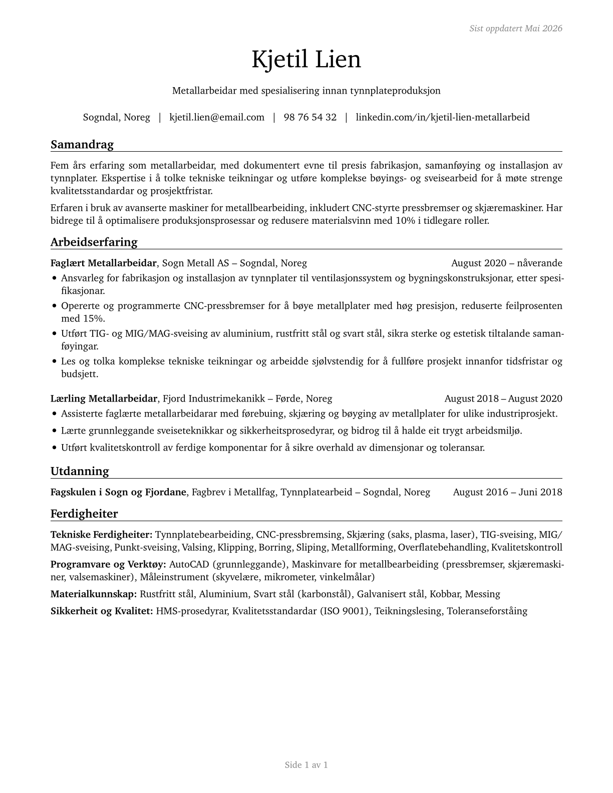 Sheet Metal Workers CV in Norwegian_nynorsk — page 1