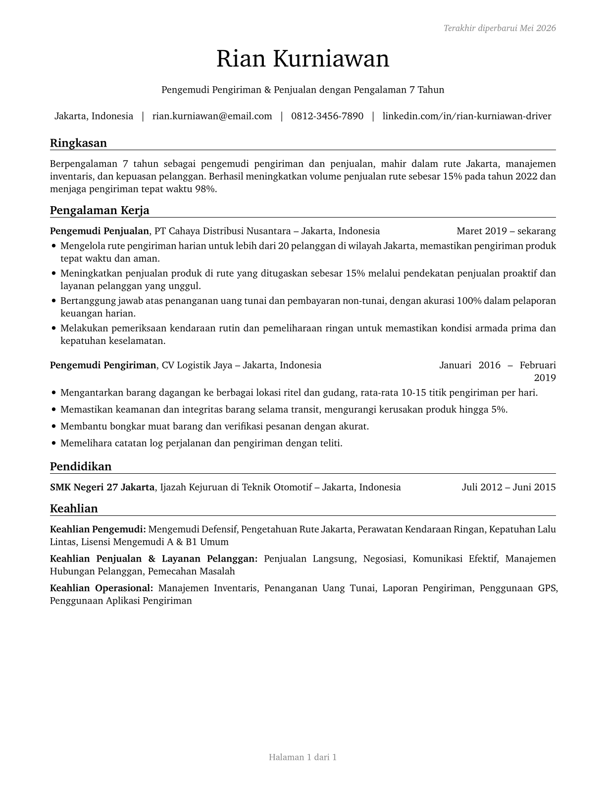 Driver/Sales Workers CV in Indonesian — page 1