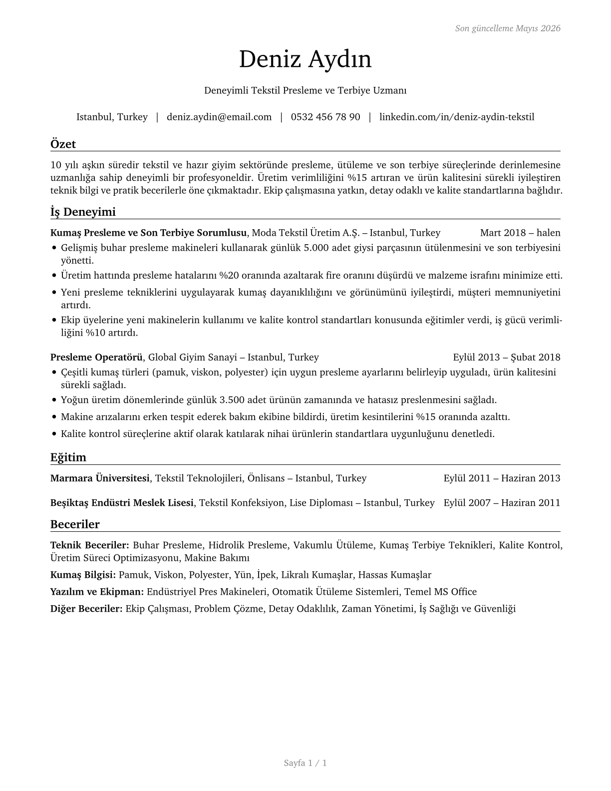 Pressers, Textile, Garment, and Related Materials CV in Turkish — page 1