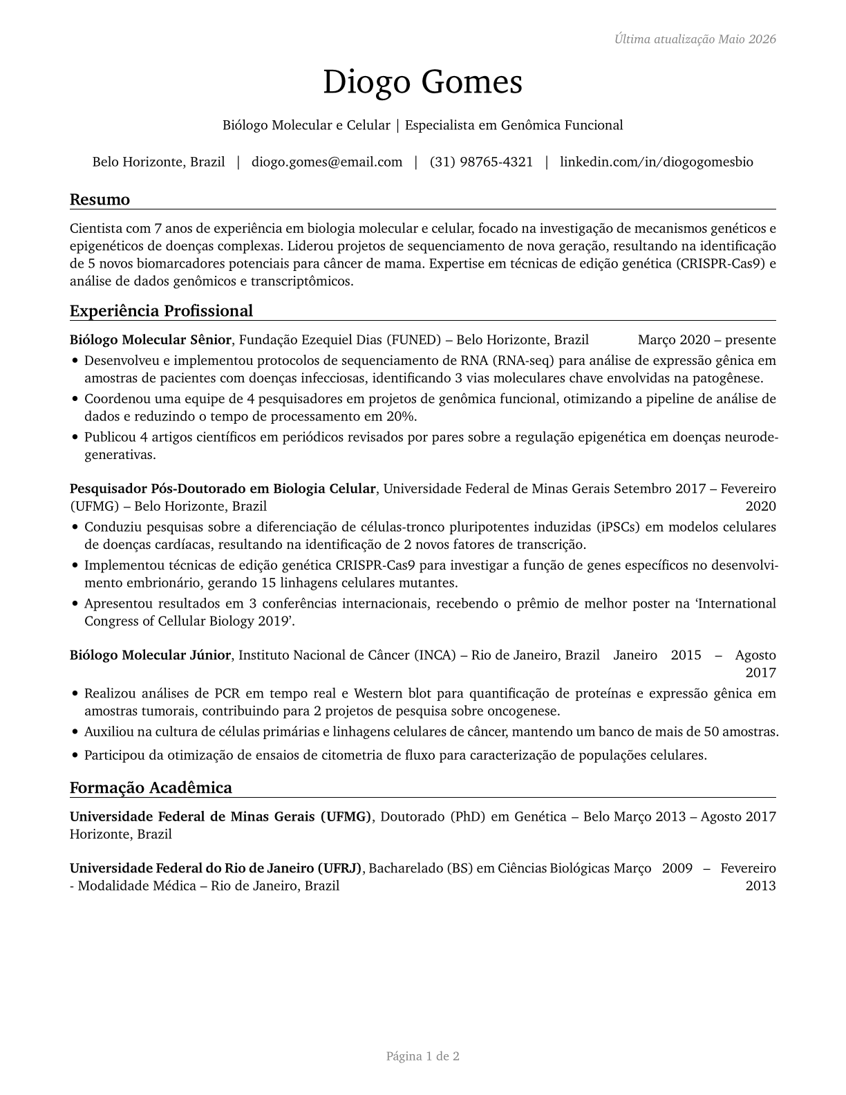 Molecular and Cellular Biologists CV in Portuguese — page 1