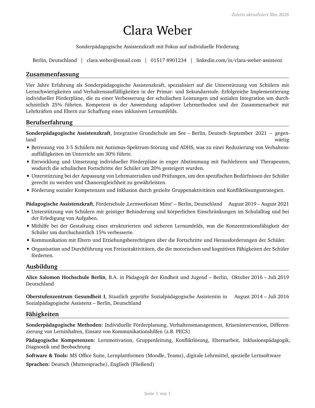Teaching Assistants, Special Education CV in German — page 1
