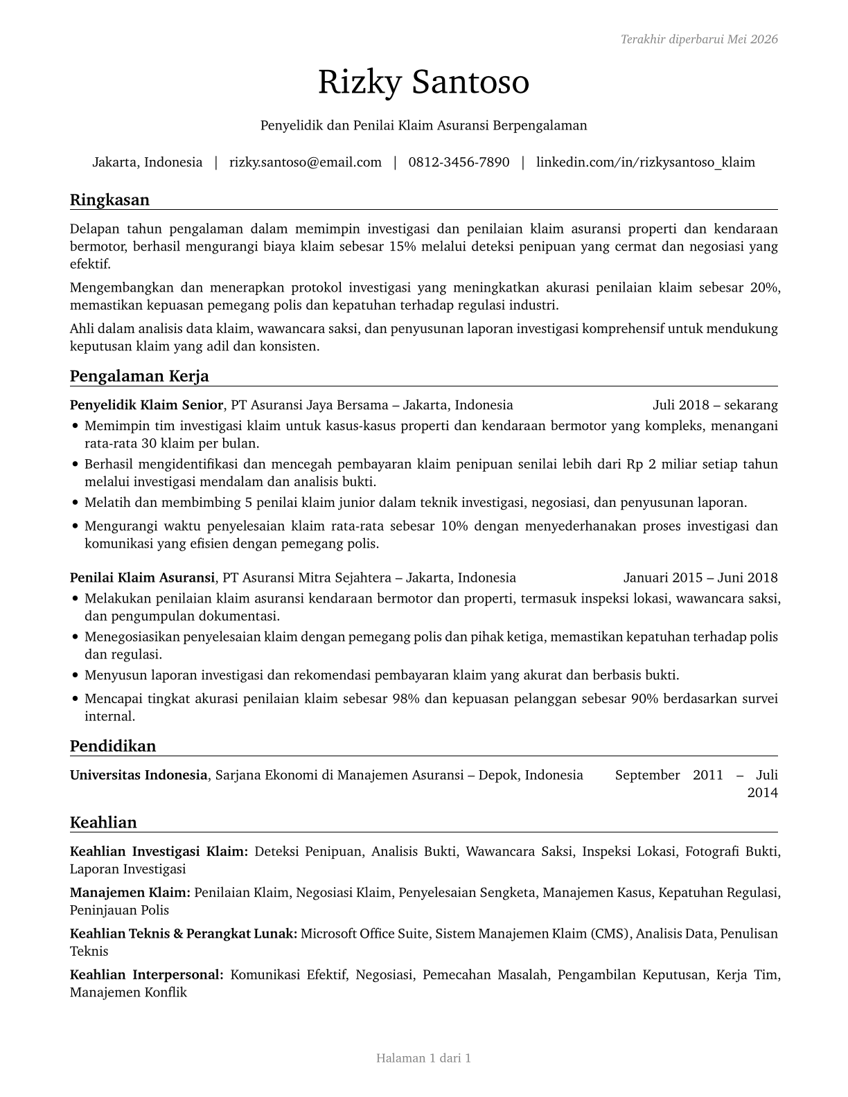 Claims Adjusters, Examiners, and Investigators CV in Indonesian — page 1