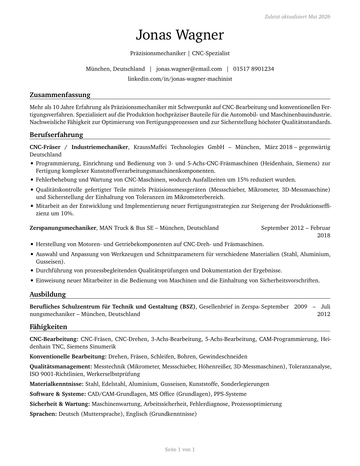 Machinists CV in German — page 1