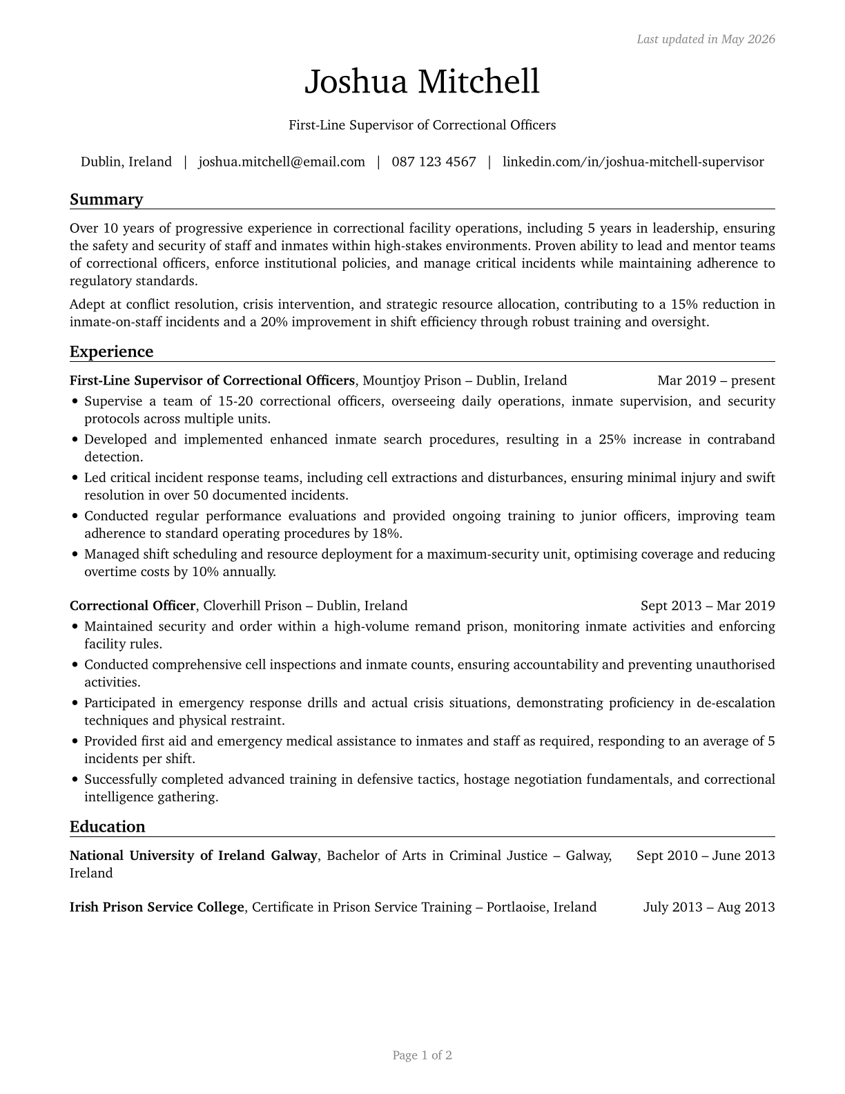 First-Line Supervisors of Correctional Officers CV in English — page 1