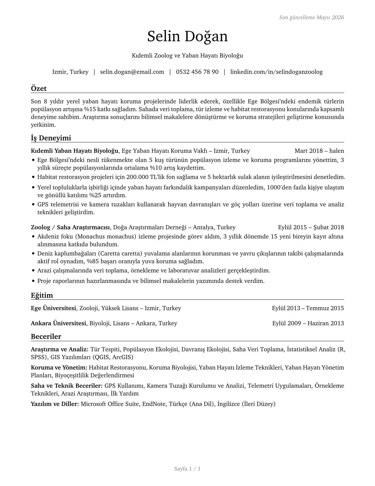 Zoologists and Wildlife Biologists CV in Turkish — page 1