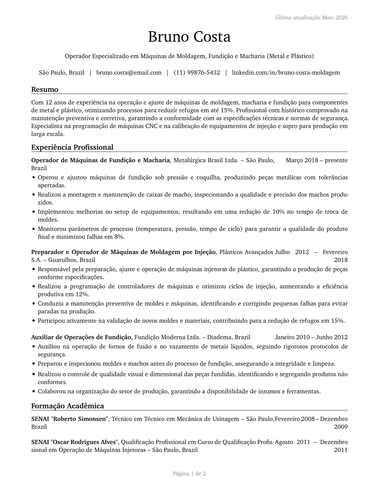 Molding, Coremaking, and Casting Machine Setters, Operators, and Tenders, Metal and Plastic CV in Portuguese — page 1