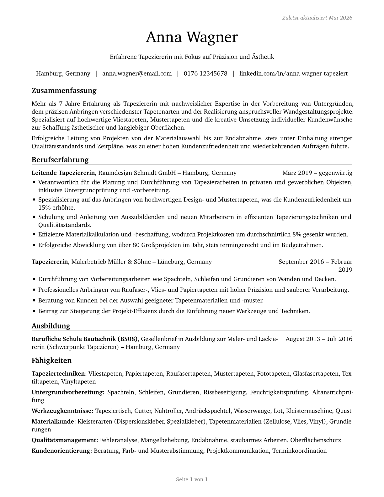 Paperhangers CV in German — page 1