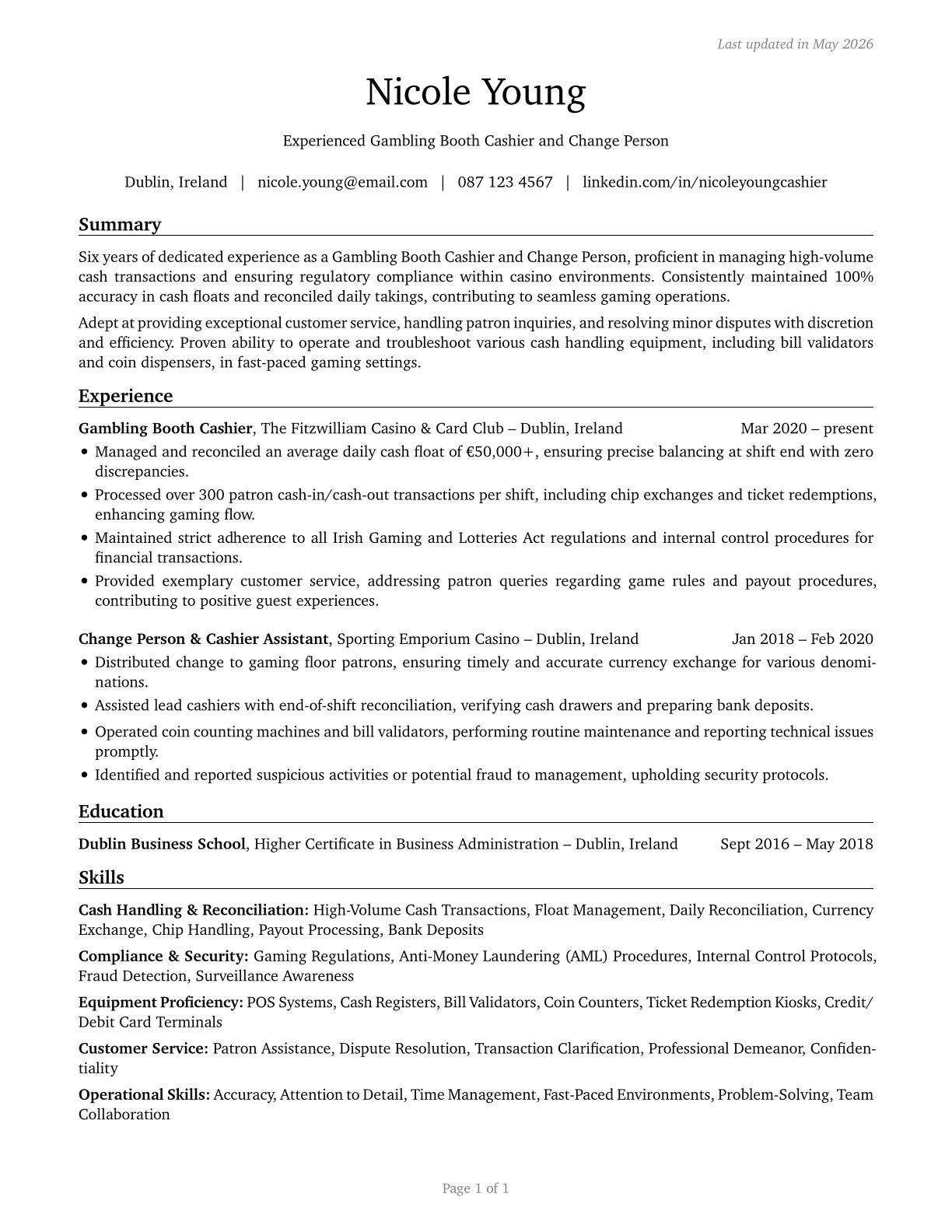 Gambling Change Persons and Booth Cashiers CV in English — page 1