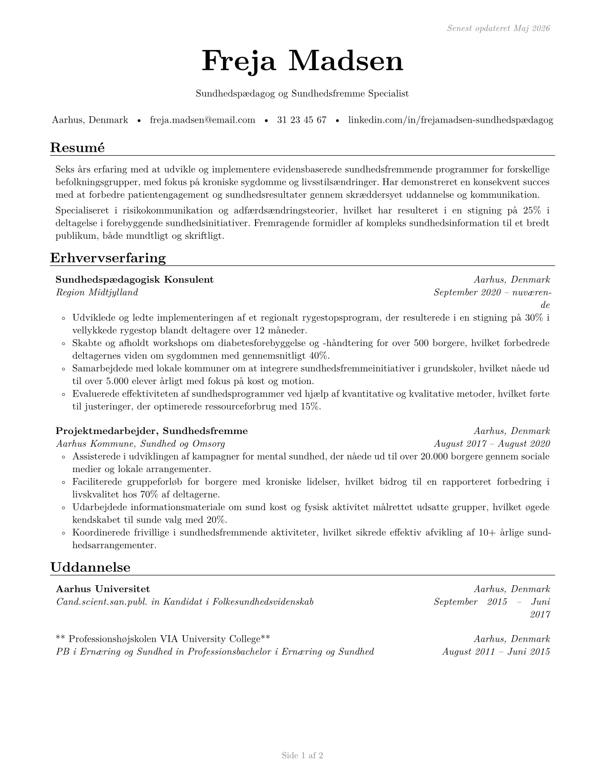 Health Education Specialists CV in Danish — page 1