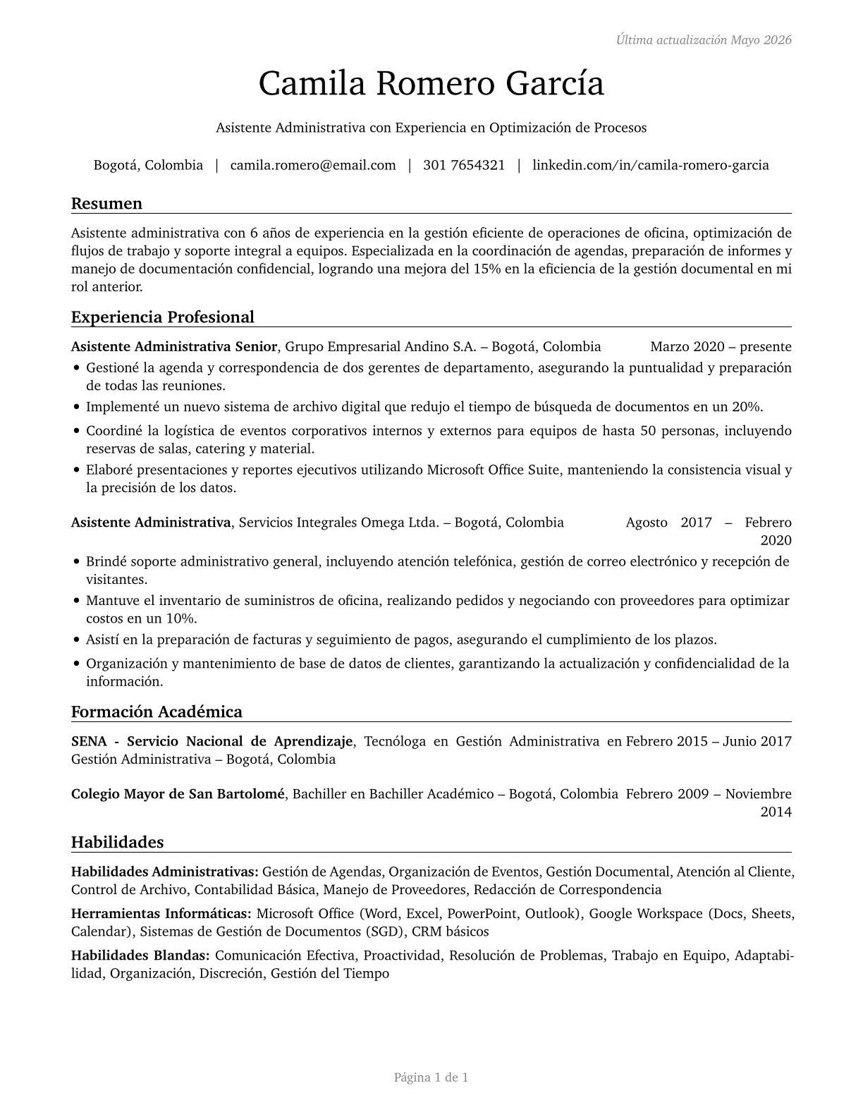 Secretaries and Administrative Assistants, Except Legal, Medical, and Executive CV in Spanish — page 1