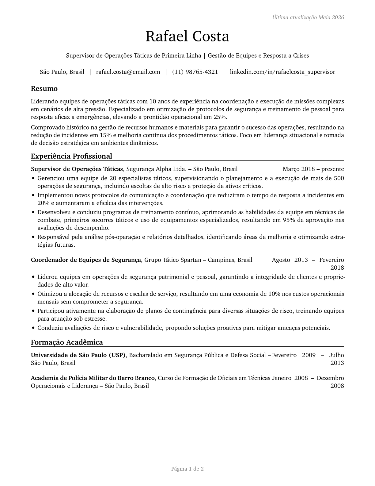 First-Line Supervisors of All Other Tactical Operations Specialists CV in Portuguese — page 1