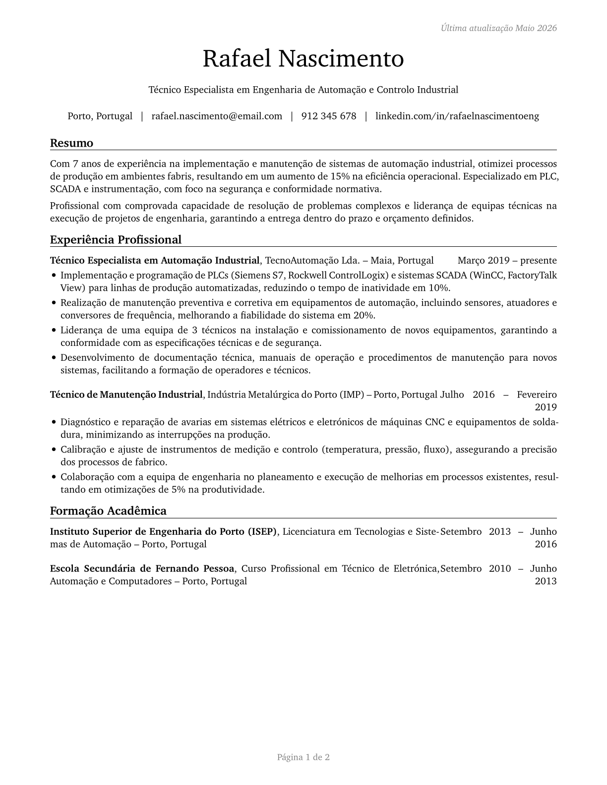 Engineering Technologists and Technicians, Except Drafters, All Other CV in Portuguese — page 1