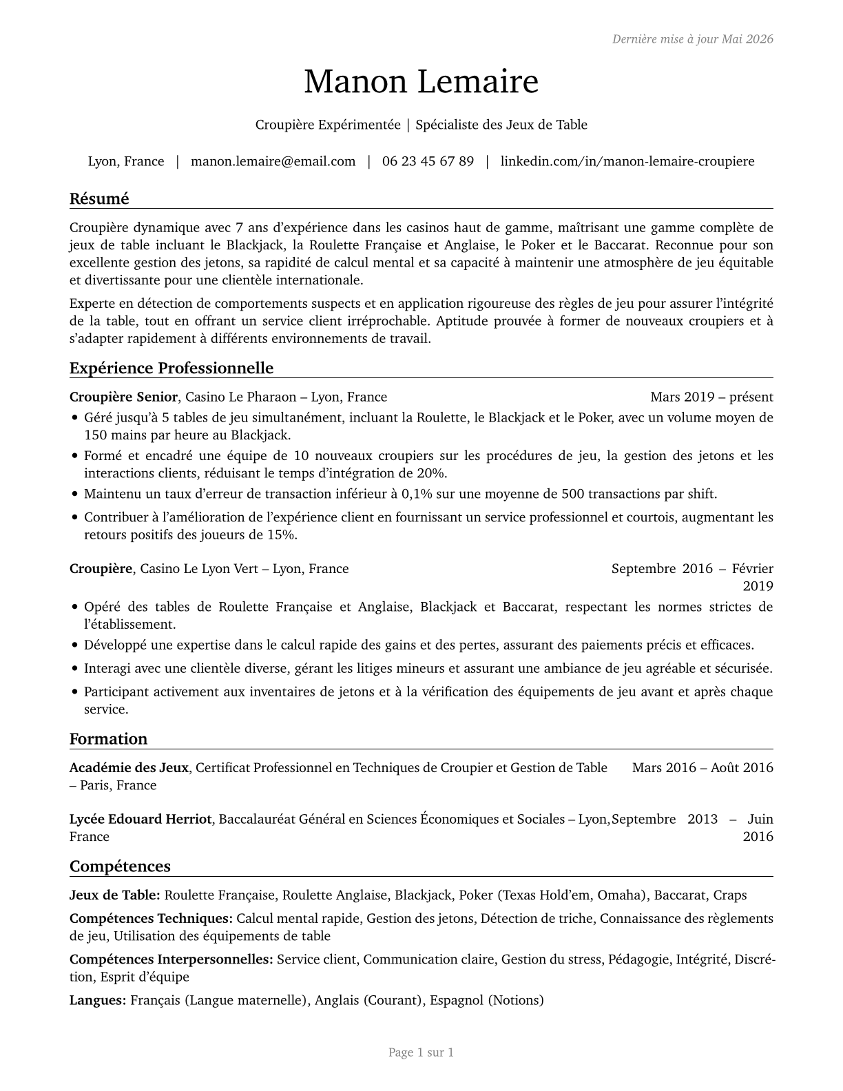 Gambling Dealers CV in French — page 1