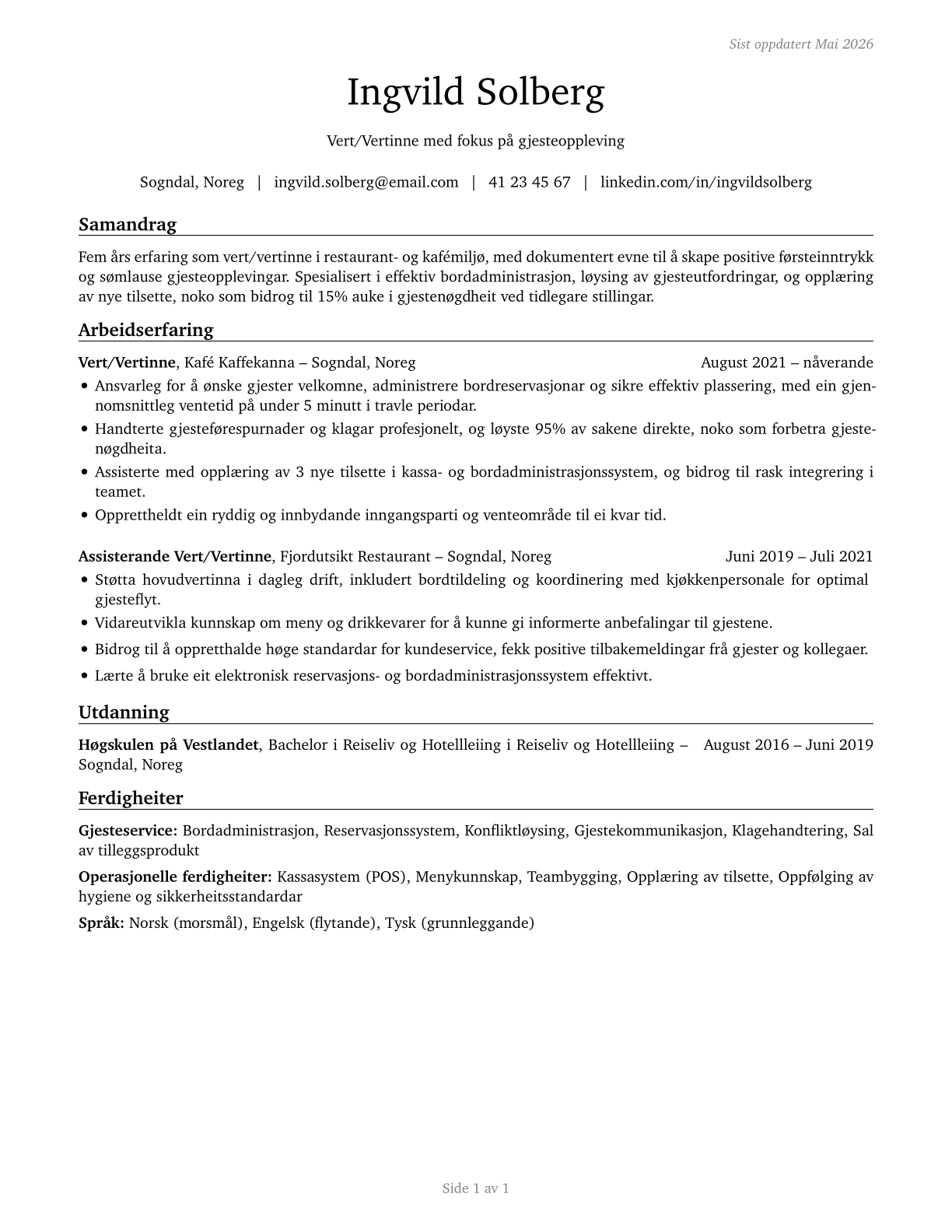 Hosts and Hostesses, Restaurant, Lounge, and Coffee Shop CV in Norwegian_nynorsk — page 1