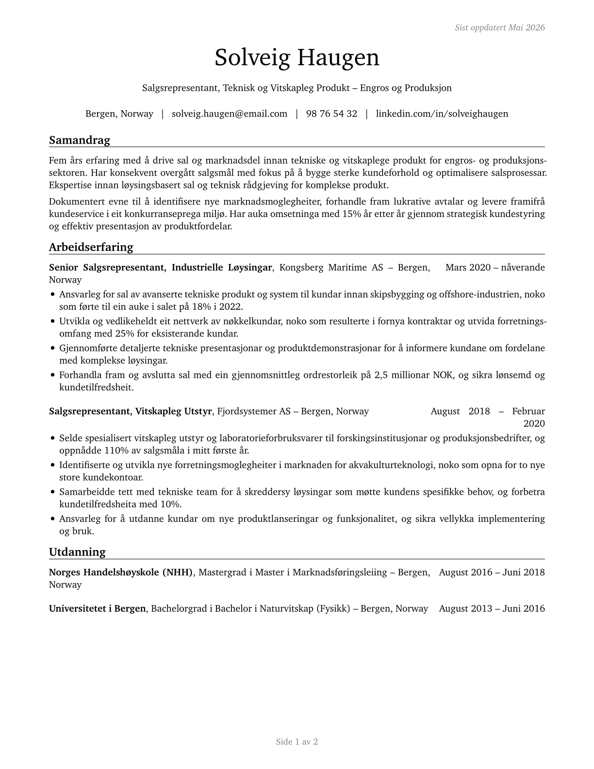 Sales Representatives, Wholesale and Manufacturing, Technical and Scientific Products CV in Norwegian_nynorsk — page 1
