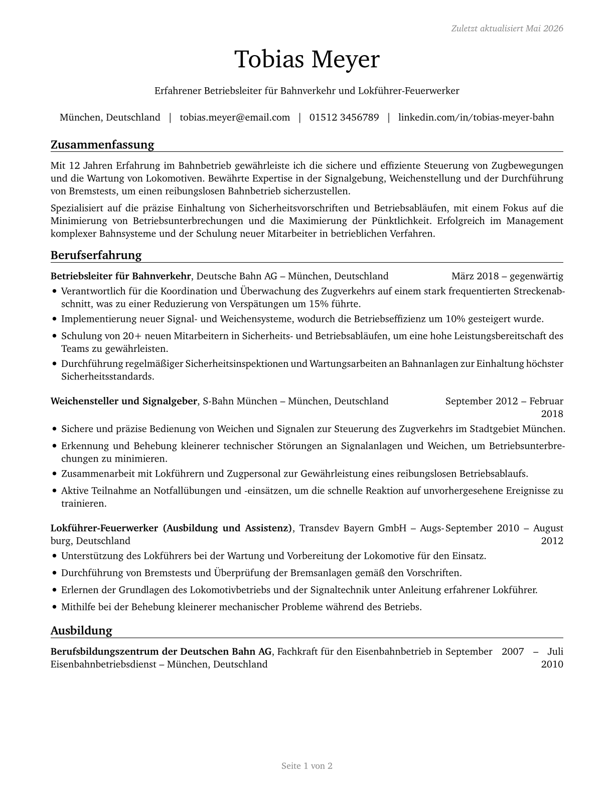 Railroad Brake, Signal, and Switch Operators and Locomotive Firers CV in German — page 1