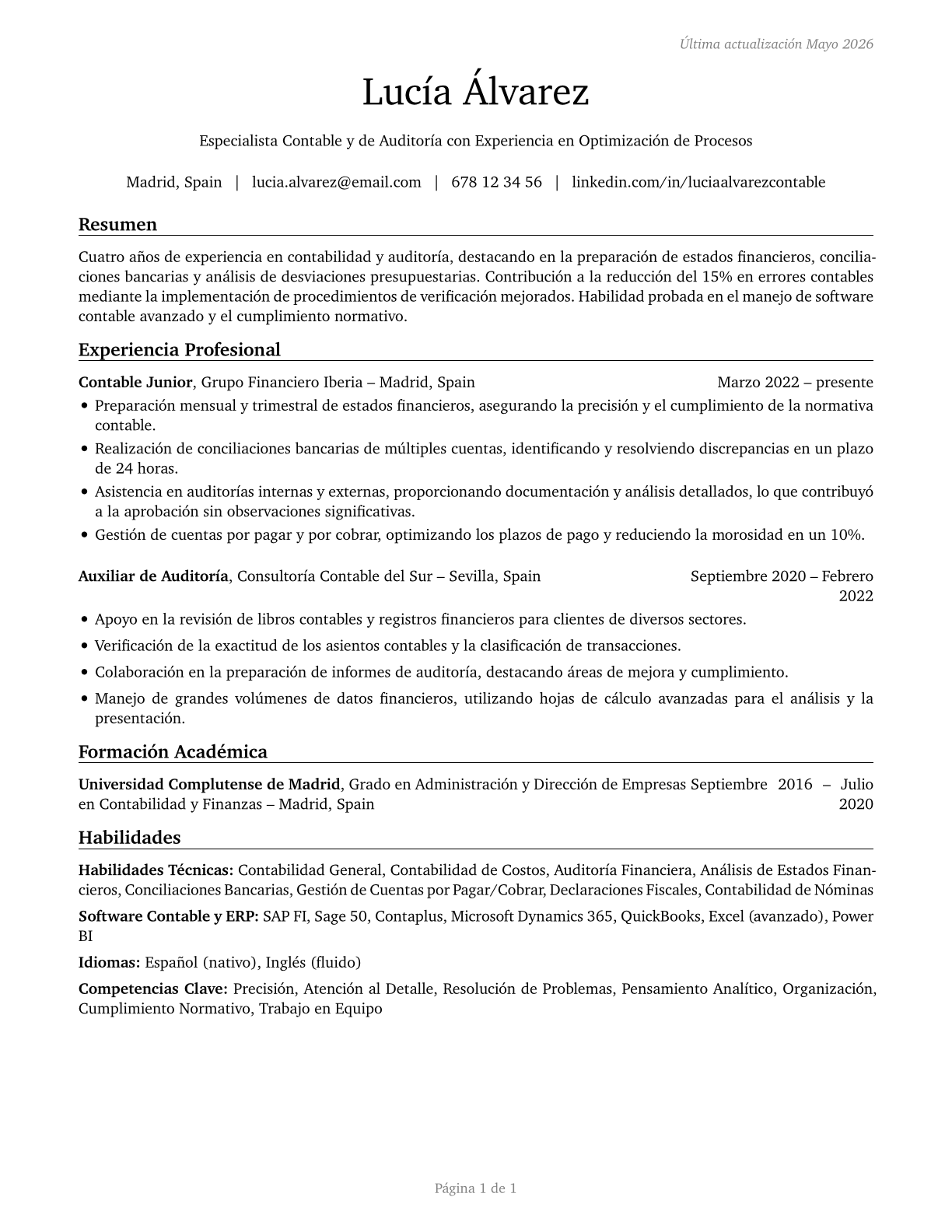 Bookkeeping, Accounting, and Auditing Clerks CV in Spanish — page 1