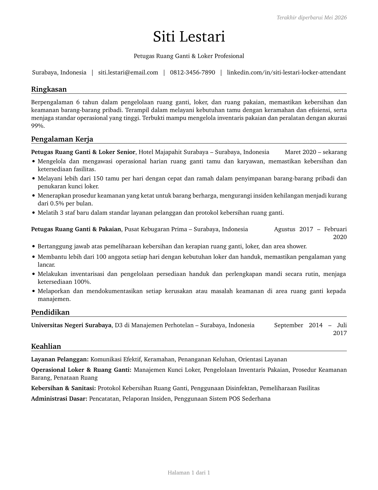 Locker Room, Coatroom, and Dressing Room Attendants CV in Indonesian — page 1