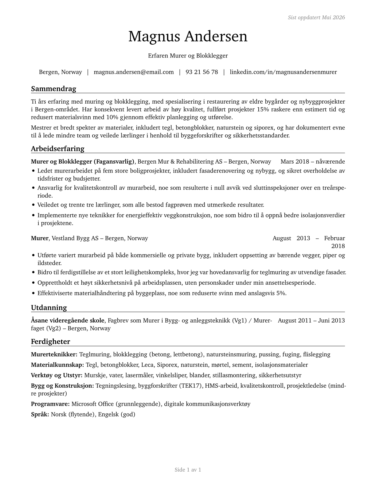 Brickmasons and Blockmasons CV in Norwegian_bokmal — page 1