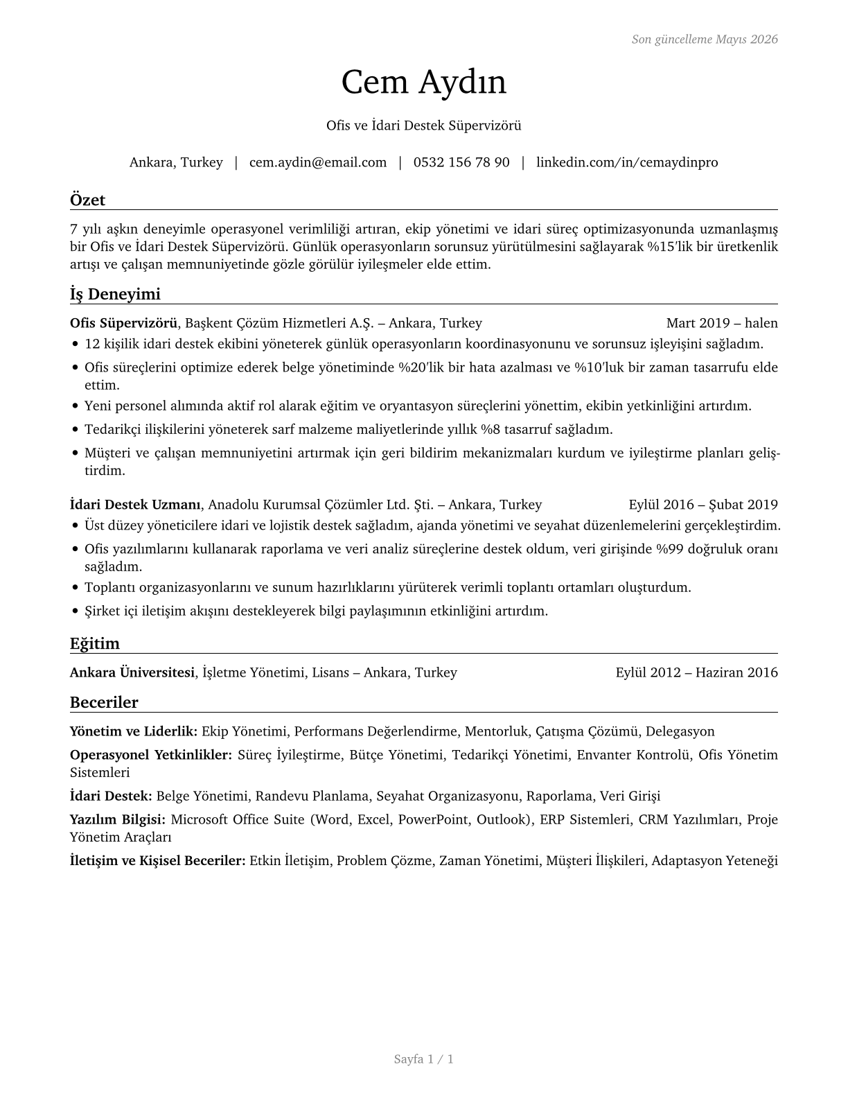 First-Line Supervisors of Office and Administrative Support Workers CV in Turkish — page 1
