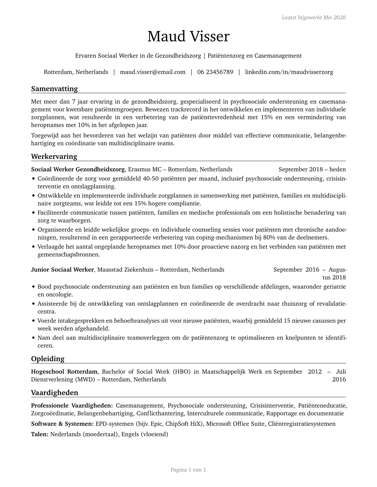 Healthcare Social Workers CV in Dutch — page 1