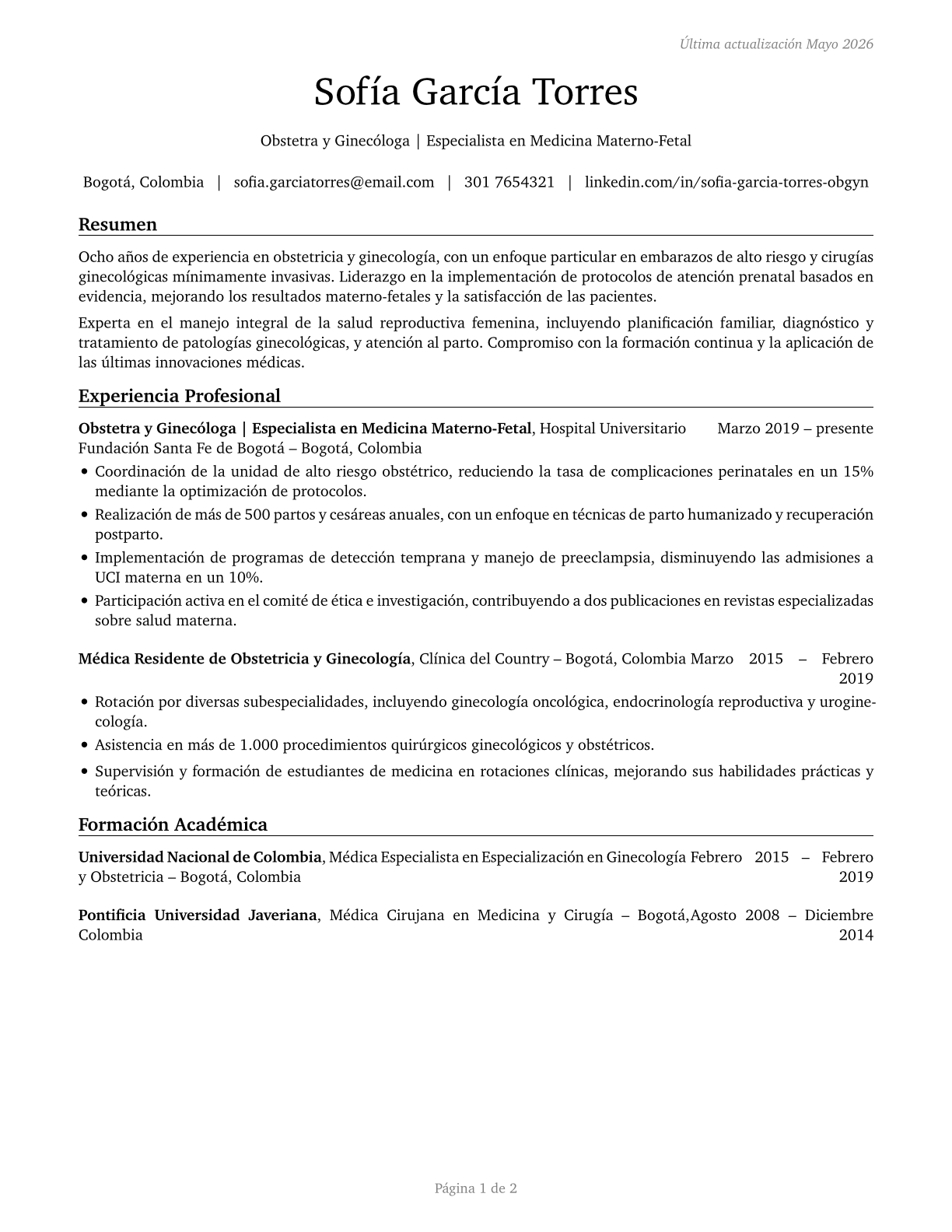 Obstetricians and Gynecologists CV in Spanish — page 1
