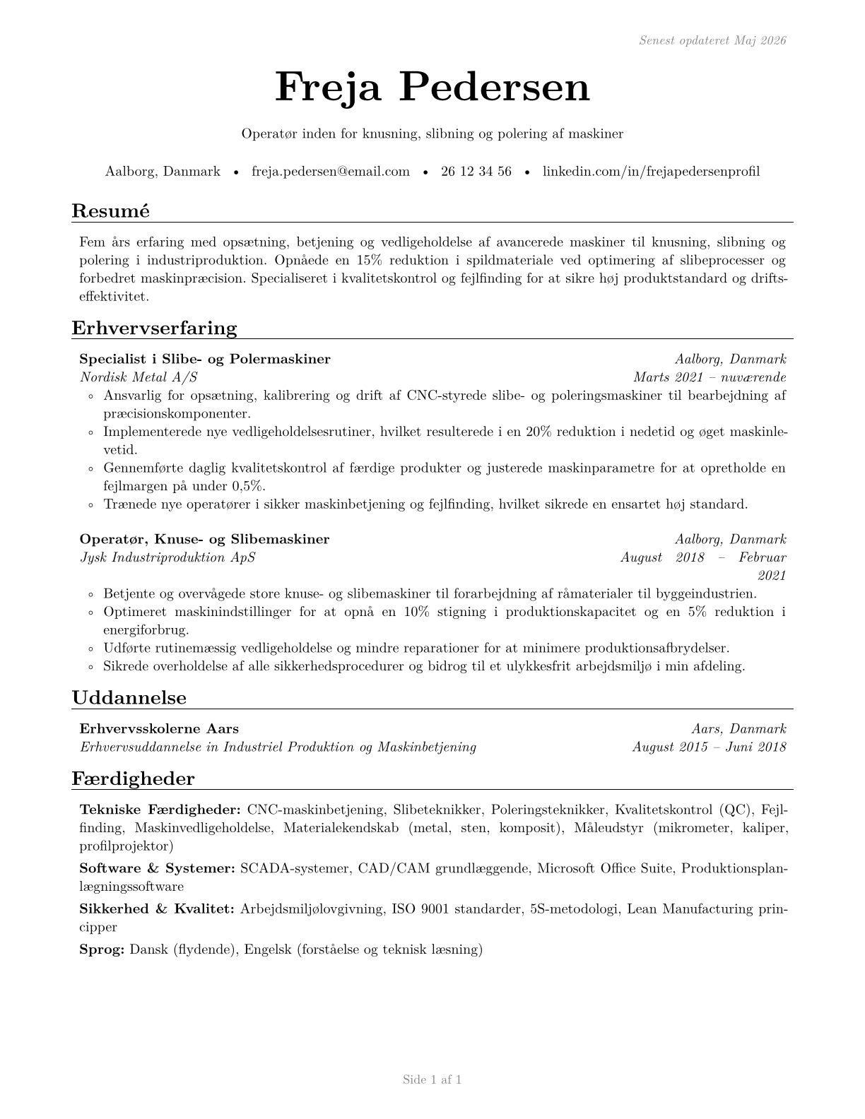 Crushing, Grinding, and Polishing Machine Setters, Operators, and Tenders CV in Danish — page 1