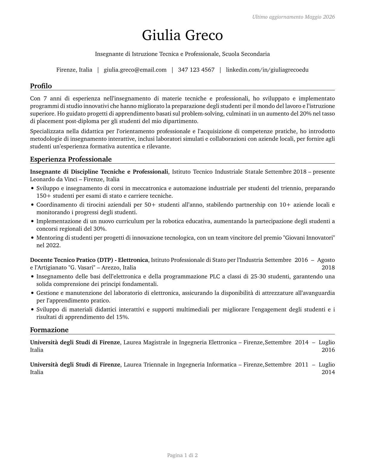 Career/Technical Education Teachers, Secondary School CV in Italian — page 1