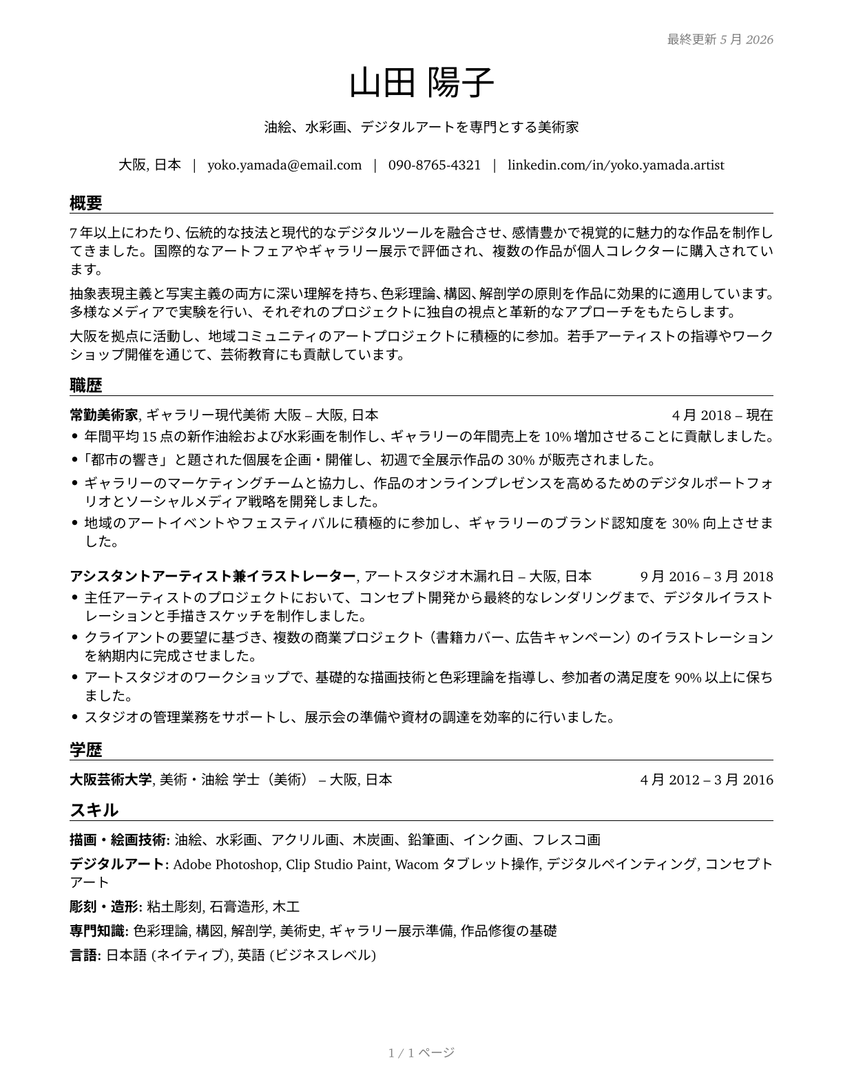 Fine Artists, Including Painters, Sculptors, and Illustrators CV in Japanese — page 1